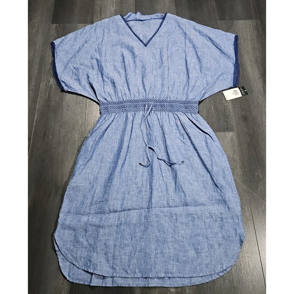 NWT Lauren Ralph Lauren 100% Linen Dress 16 Blue Smocked Chambray Summer Cottage